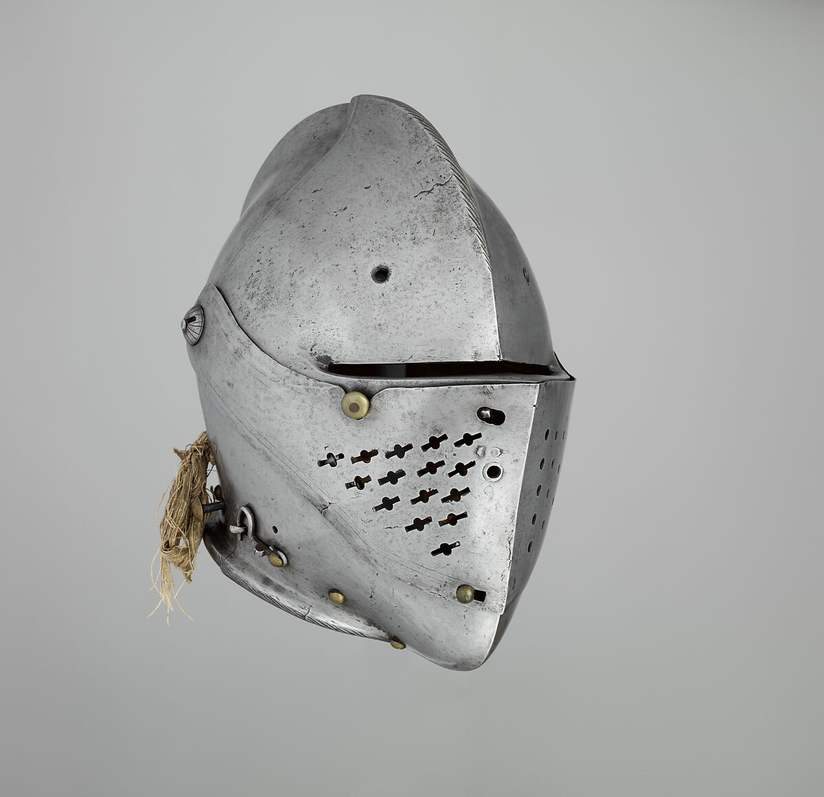 Close Helmet for the Tourney, Steel, brass, canvas, silk, German, Augsburg 