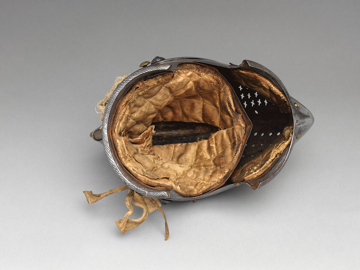 Close Helmet for the Tourney, Steel, brass, canvas, silk, German, Augsburg