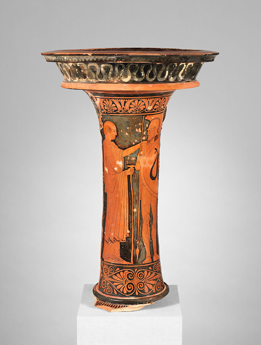 Fragment of a terracotta loutrophoros (ceremonial vase for water), Attributed to the Painter of Bologna 228, Terracotta, Greek, Attic