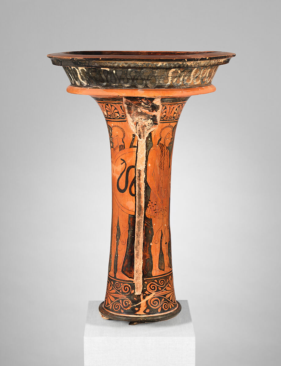 Fragment of a terracotta loutrophoros (ceremonial vase for water), Attributed to the Painter of Bologna 228, Terracotta, Greek, Attic