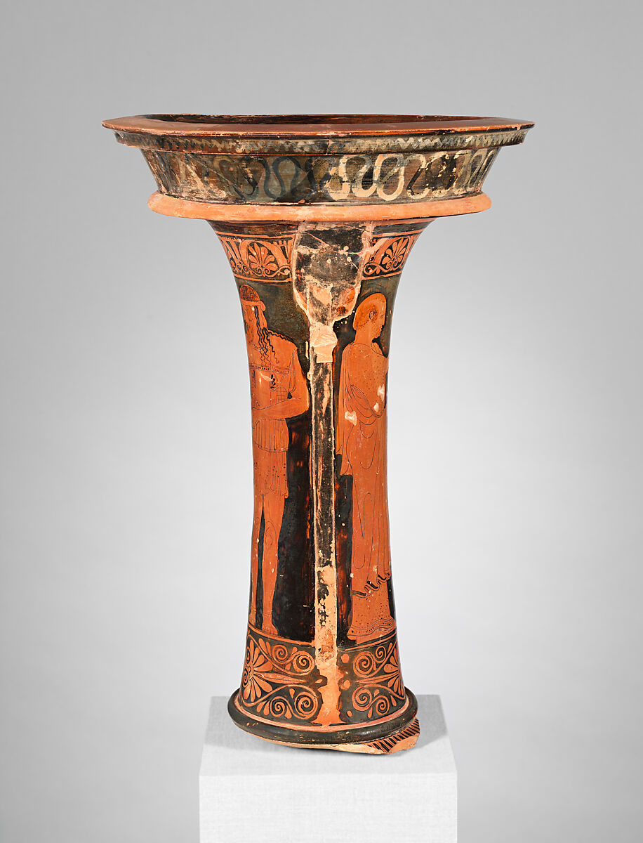 Fragment of a terracotta loutrophoros (ceremonial vase for water), Attributed to the Painter of Bologna 228, Terracotta, Greek, Attic