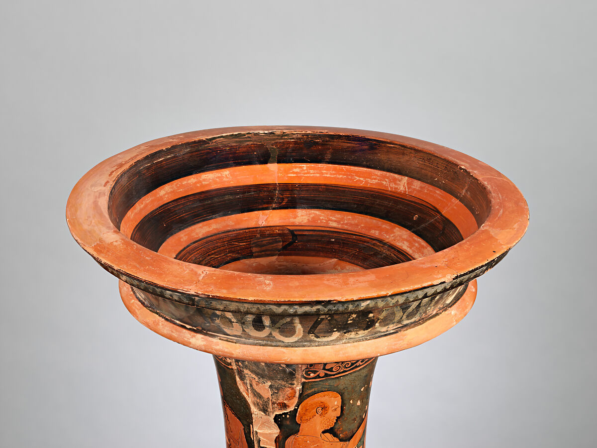 Fragment of a terracotta loutrophoros (ceremonial vase for water), Attributed to the Painter of Bologna 228, Terracotta, Greek, Attic