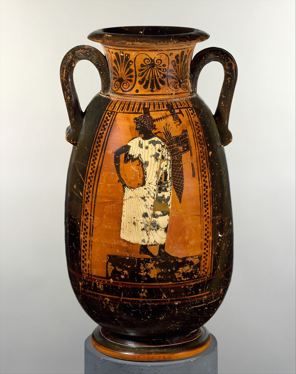 Terracotta neck-pelike (wine jar), Terracotta, Greek, Attic 