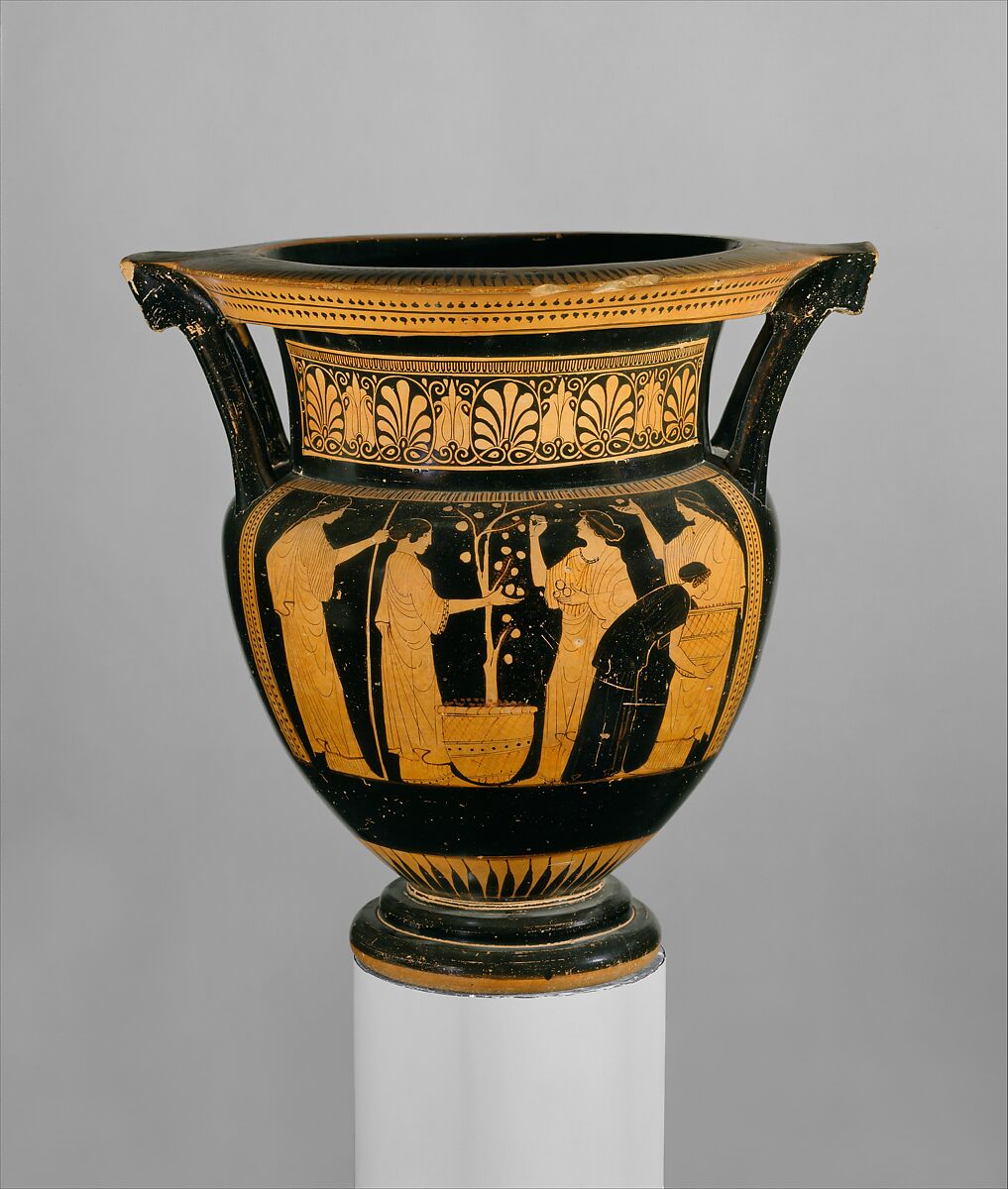 Terracotta column-krater (bowl for mixing wine and water), Attributed to the Orchard Painter, Terracotta, Greek, Attic 