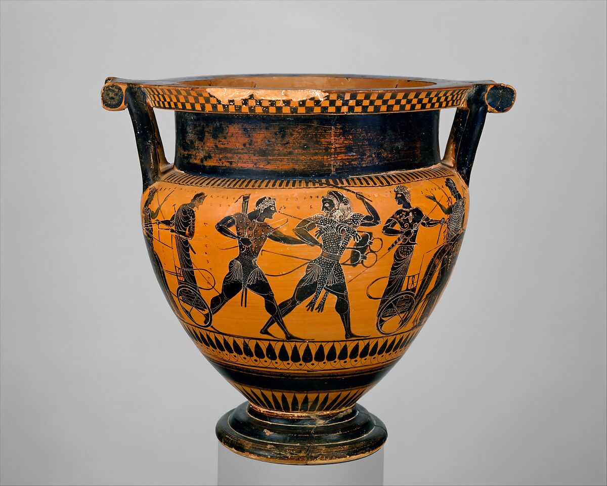 Terracotta column-krater (bowl for mixing wine and water), Attributed to the Lykomedes Painter, Terracotta, Greek, Attic 