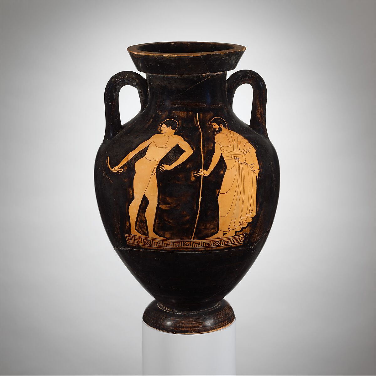 Terracotta amphora (jar), Attributed to the Eucharides Painter, Terracotta, Greek, Attic