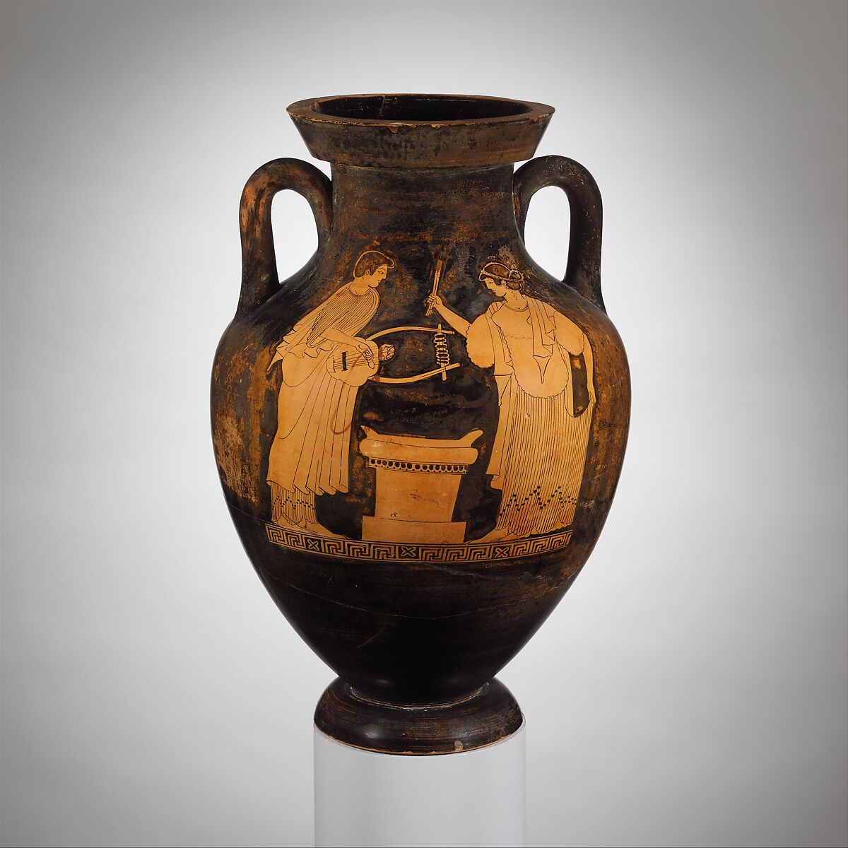 Terracotta amphora (jar), Attributed to the Eucharides Painter, Terracotta, Greek, Attic 