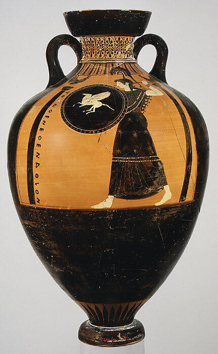 Terracotta Panathenaic prize amphora, Attributed to the Kleophrades Painter, Terracotta, Greek, Attic
