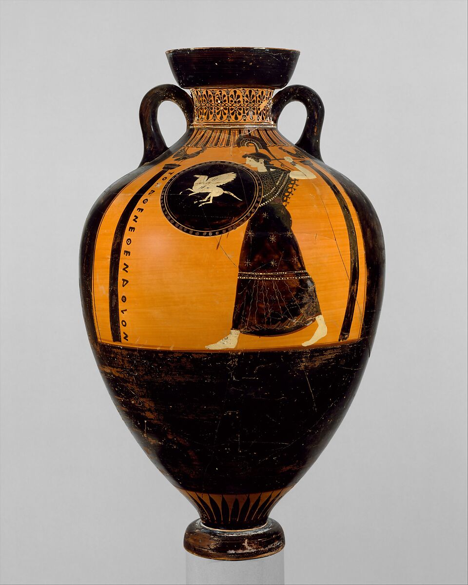 Terracotta Panathenaic prize amphora, Attributed to the Kleophrades Painter, Terracotta, Greek, Attic