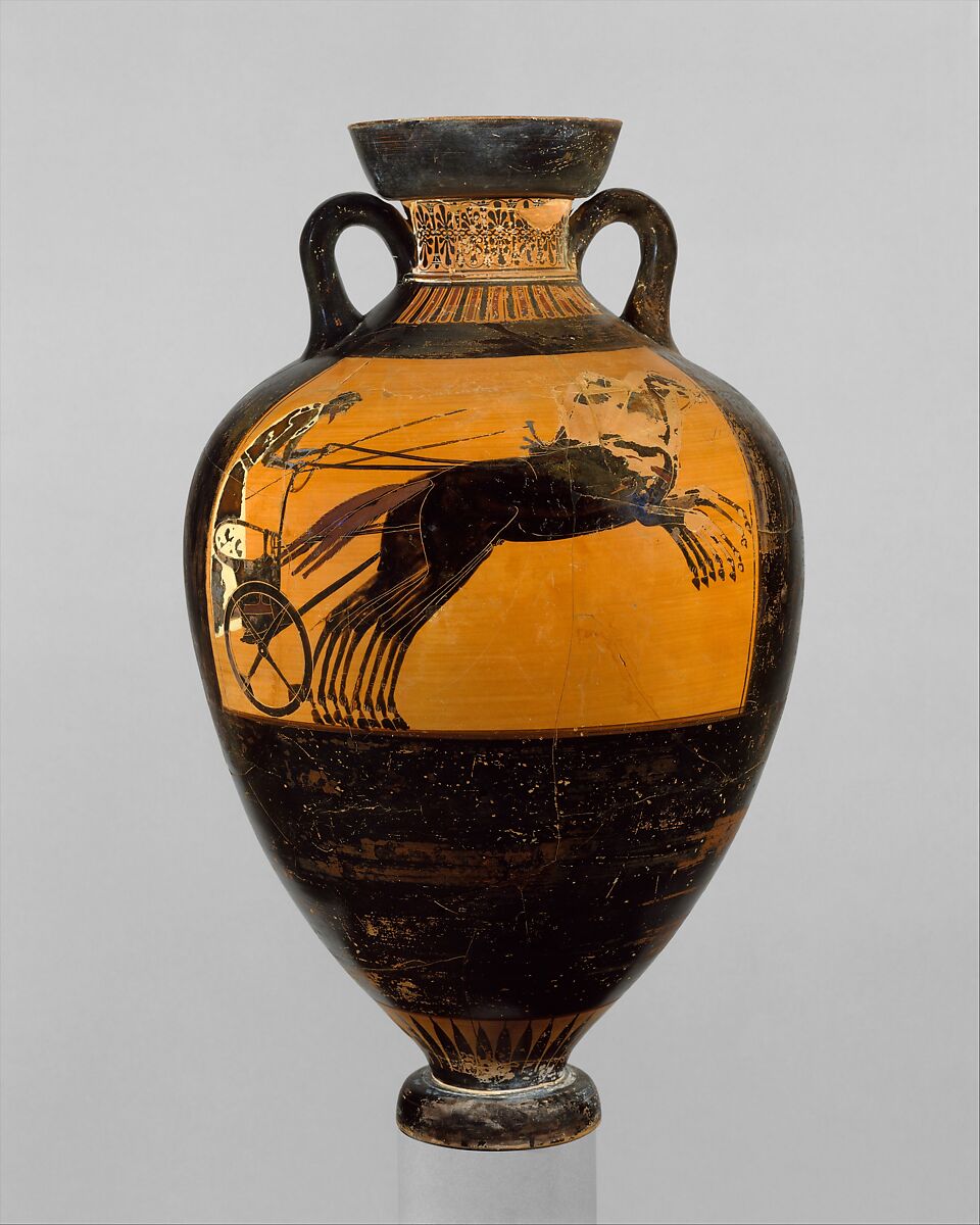 Terracotta Panathenaic prize amphora, Attributed to the Kleophrades Painter, Terracotta, Greek, Attic 