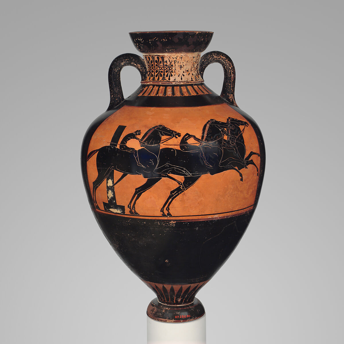 Terracotta Panathenaic prize amphora (jar), Attributed to the Leagros Group, Terracotta, Greek, Attic 