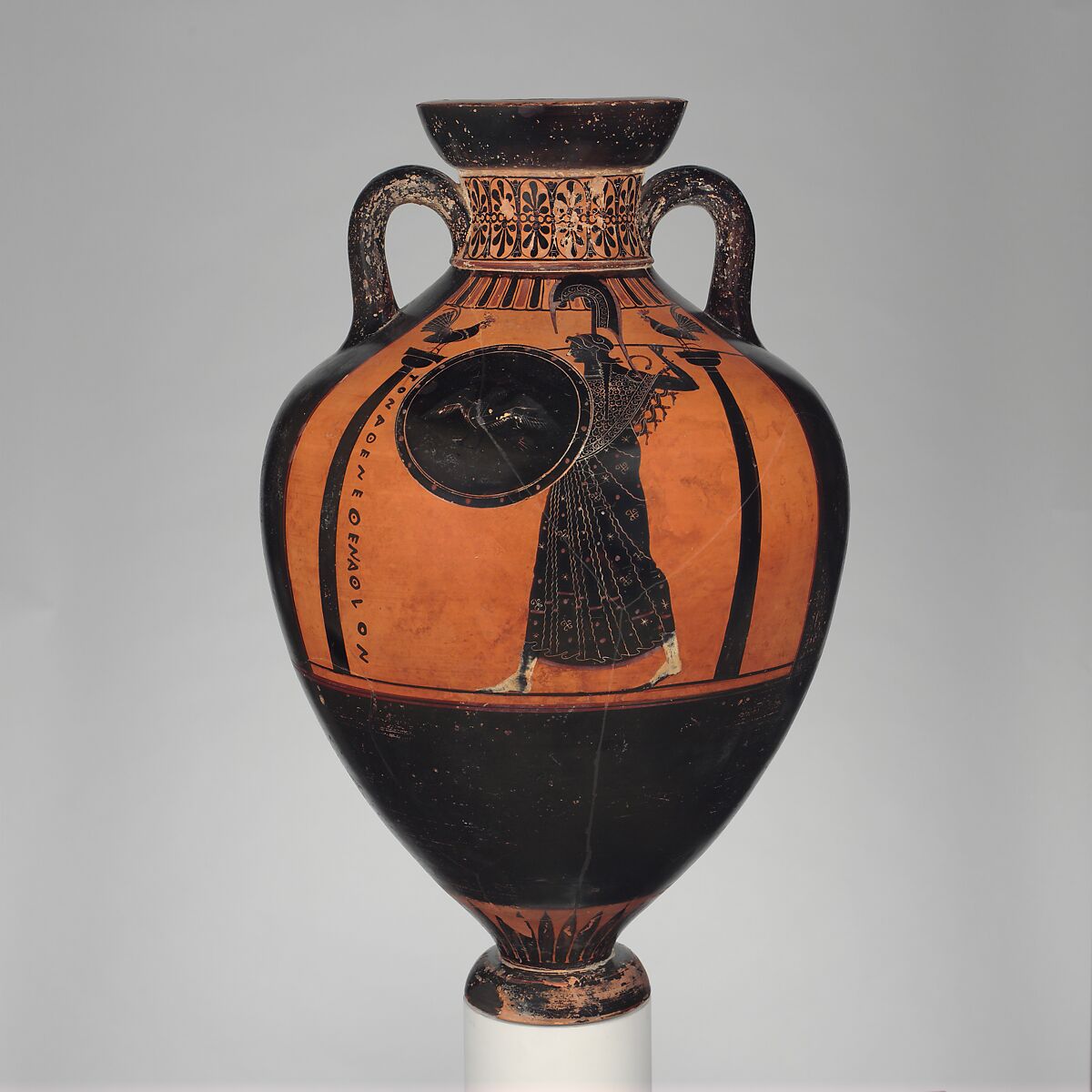 Terracotta Panathenaic prize amphora (jar), Attributed to the Leagros Group, Terracotta, Greek, Attic