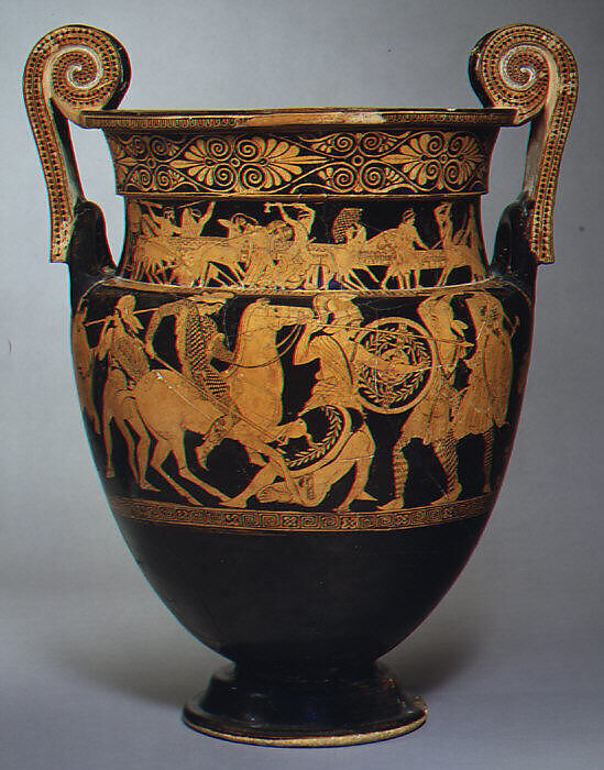 Terracotta volute-krater (bowl for mixing wine and water), Attributed to the Painter of the Woolly Satyrs (namepiece), Terracotta, Greek, Attic