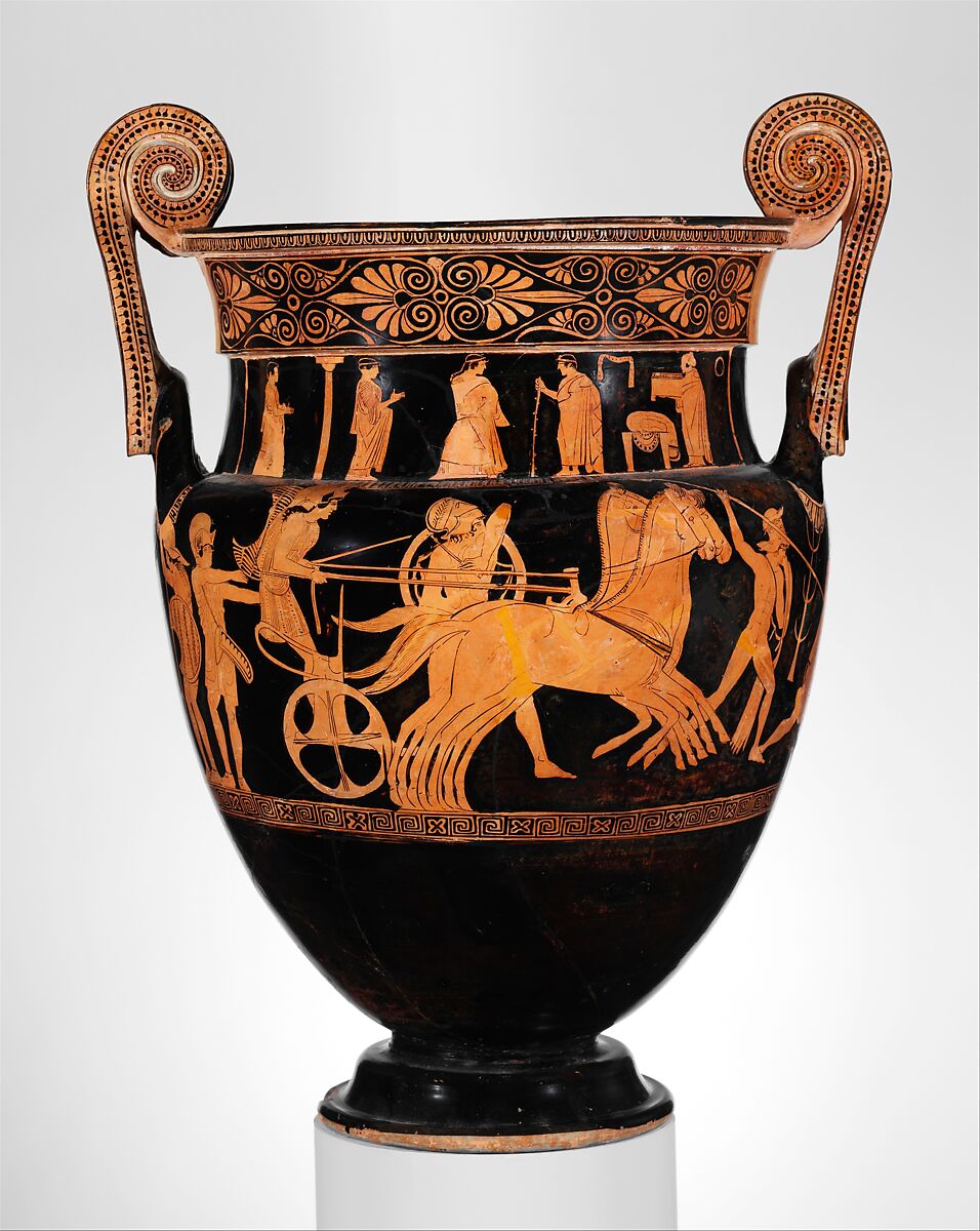 Terracotta volute-krater (bowl for mixing wine and water), Attributed to the Painter of the Woolly Satyrs (namepiece), Terracotta, Greek, Attic