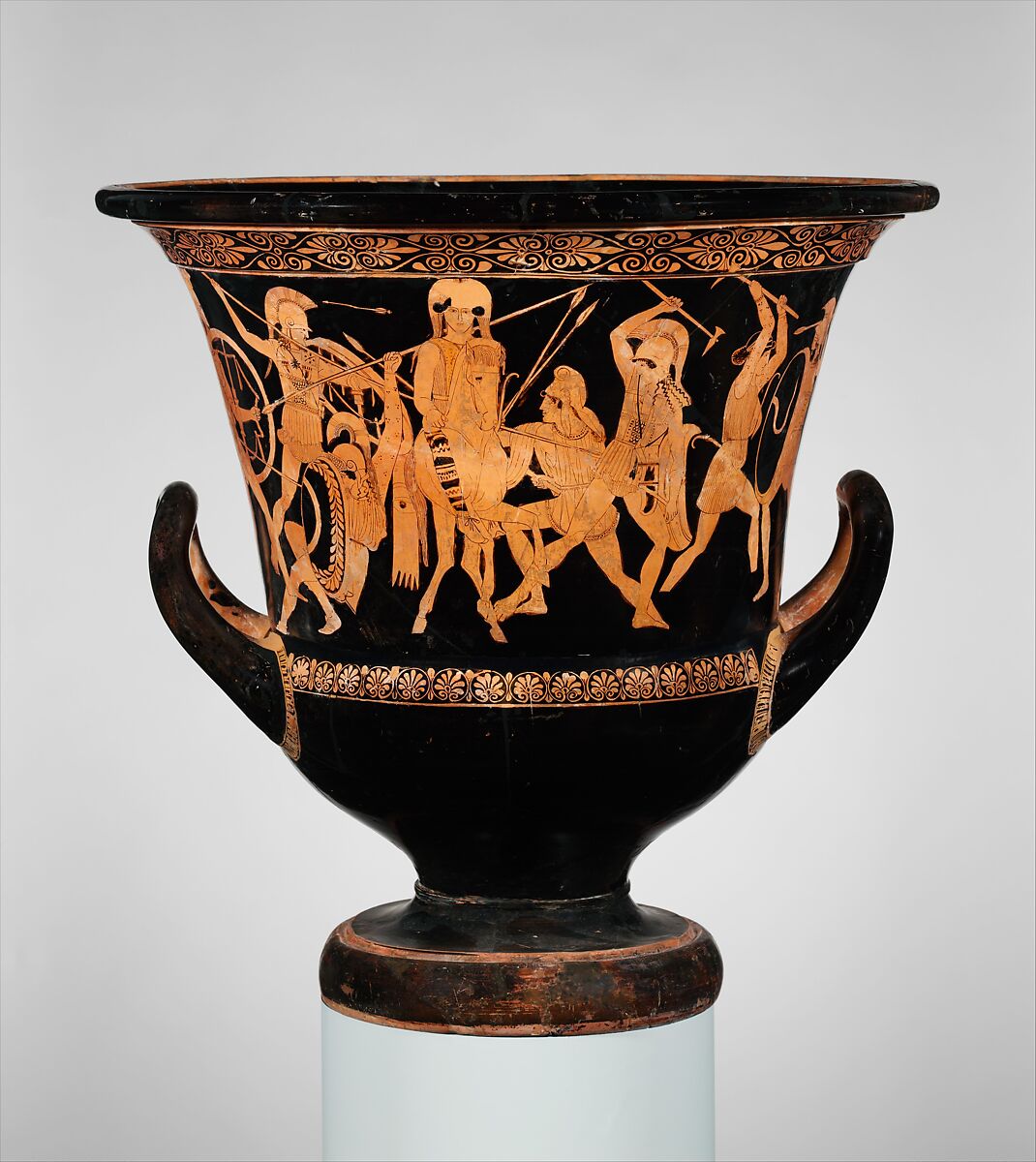 Terracotta calyx-krater (bowl for mixing wine and water), Attributed to the Painter of the Berlin Hydria, Terracotta, Greek, Attic 