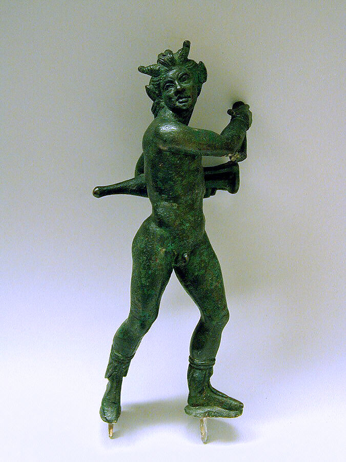 Bronze statuette of a satyr with an amphora, Bronze, Roman 