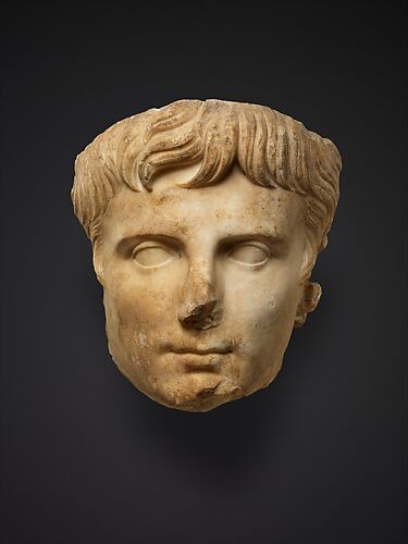 Marble portrait bust of a woman. Culture: Roman. Dimensions: 29 3/4 in. ×  19 1/2 in. × 10 in. (75.6 × 49.5 × 25.4 cm). Date: ca. A.D. 155-165. This  woman wears