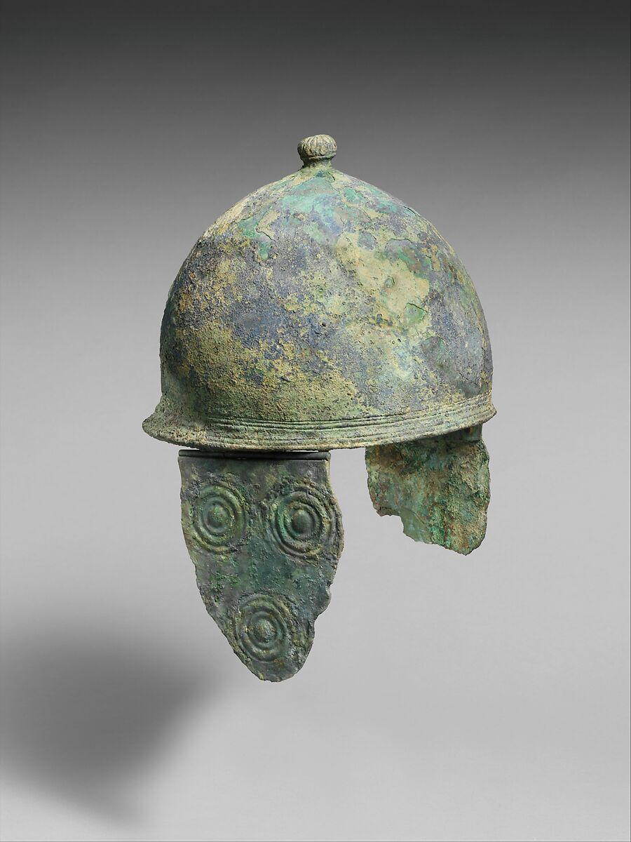 Bronze helmet with cheek-guards, Bronze, Etruscan 