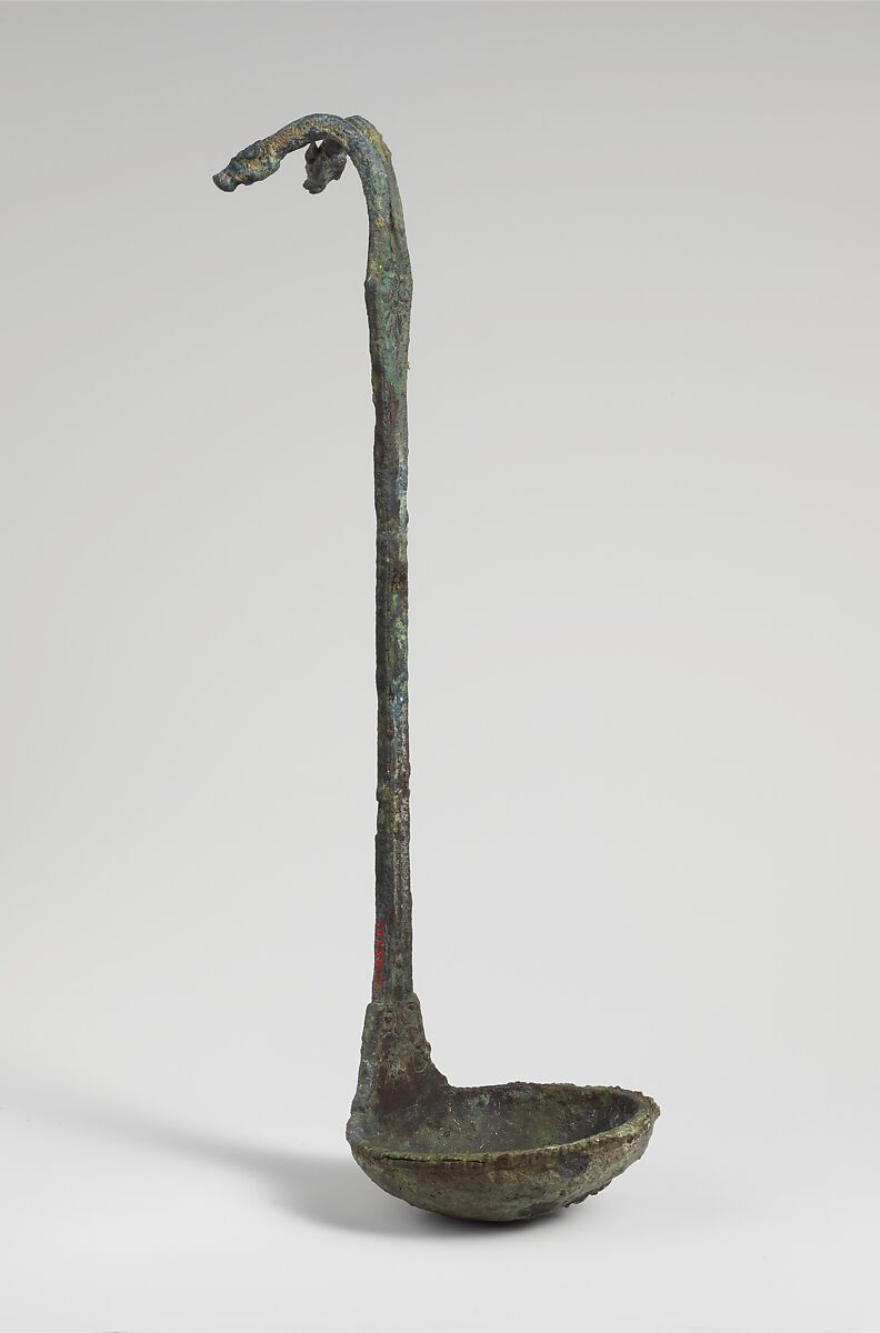 Bronze kyathos (ladle) with animal-head terminals, Bronze, Etruscan 