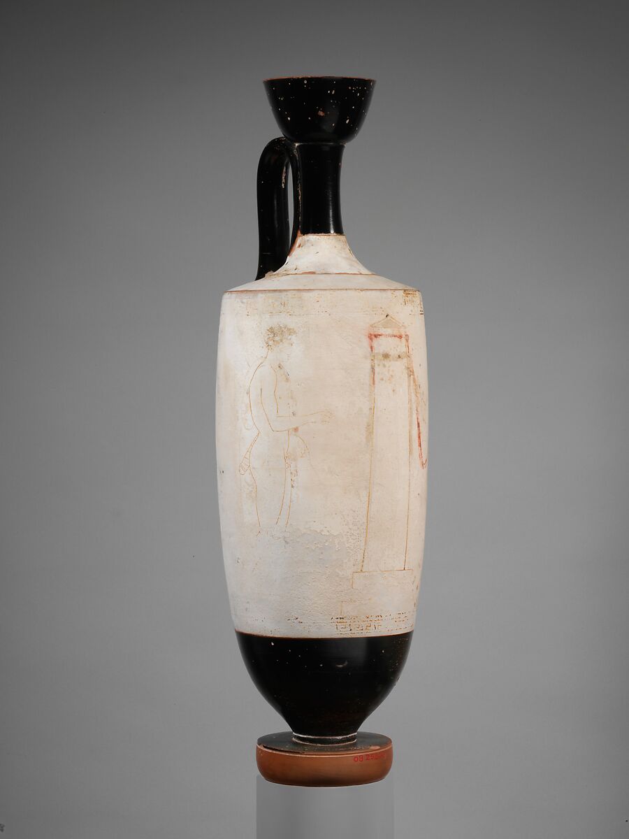 Terracotta lekythos (oil flask), Attributed to the Achilles Painter, Terracotta, Greek, Attic