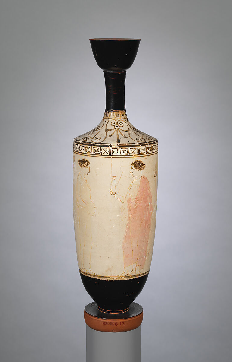 Terracotta lekythos (oil flask), Attributed to the Achilles Painter, Terracotta, Greek, Attic