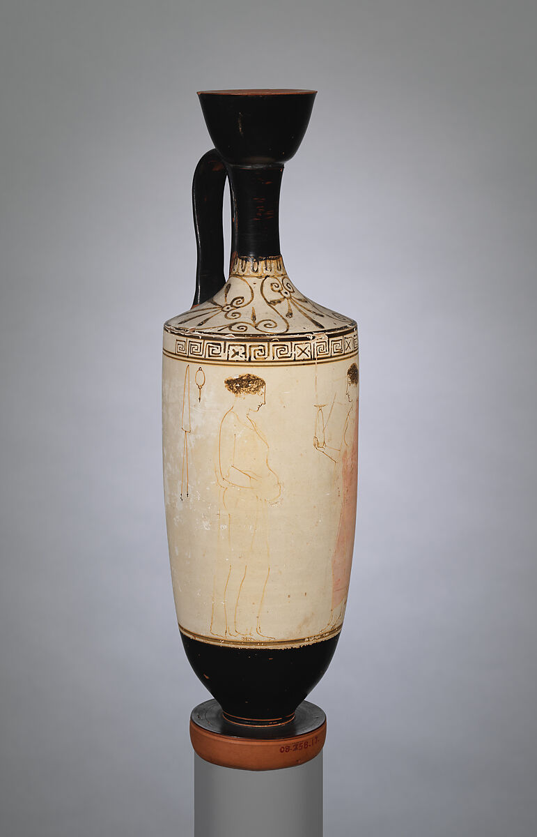Terracotta lekythos (oil flask), Attributed to the Achilles Painter, Terracotta, Greek, Attic