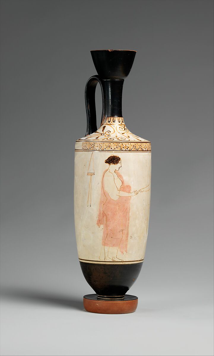 Terracotta lekythos (oil flask), Attributed to the Achilles Painter, Terracotta, Greek, Attic