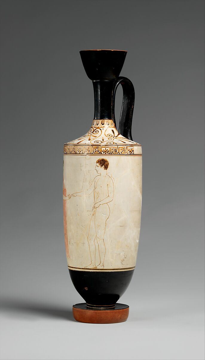 Terracotta lekythos (oil flask), Attributed to the Achilles Painter, Terracotta, Greek, Attic