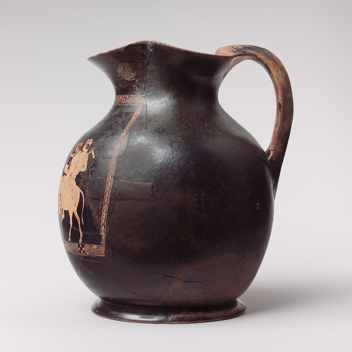 Terracotta oinochoe: chous (jug), Attributed to the Eretria Painter, Terracotta, Greek, Attic
