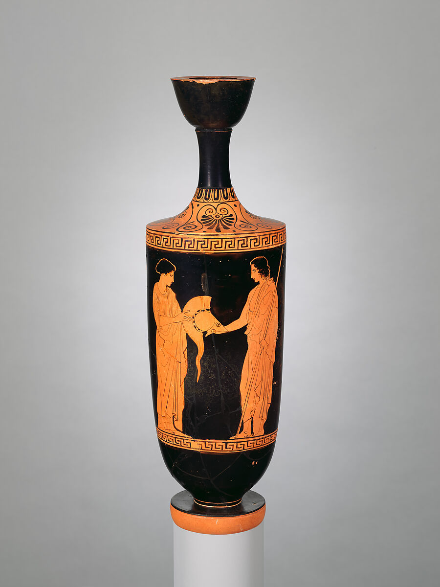 Terracotta lekythos (oil flask), Attributed to the Phiale Painter, Terracotta, Greek, Attic 