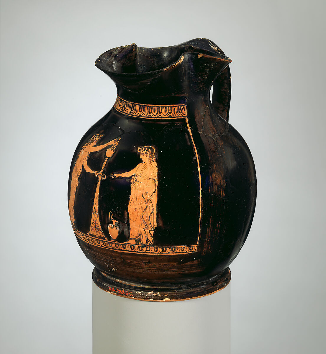Terracotta oinochoe: chous (jug), Attributed to the Shuvalov Painter, Terracotta, Greek, Attic