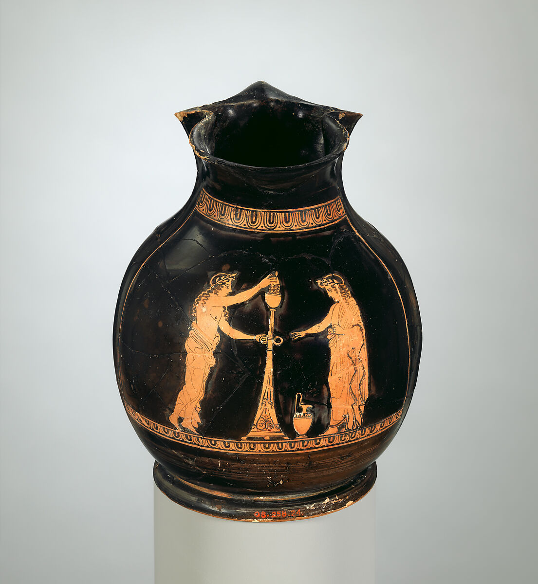 Terracotta oinochoe: chous (jug), Attributed to the Shuvalov Painter, Terracotta, Greek, Attic 