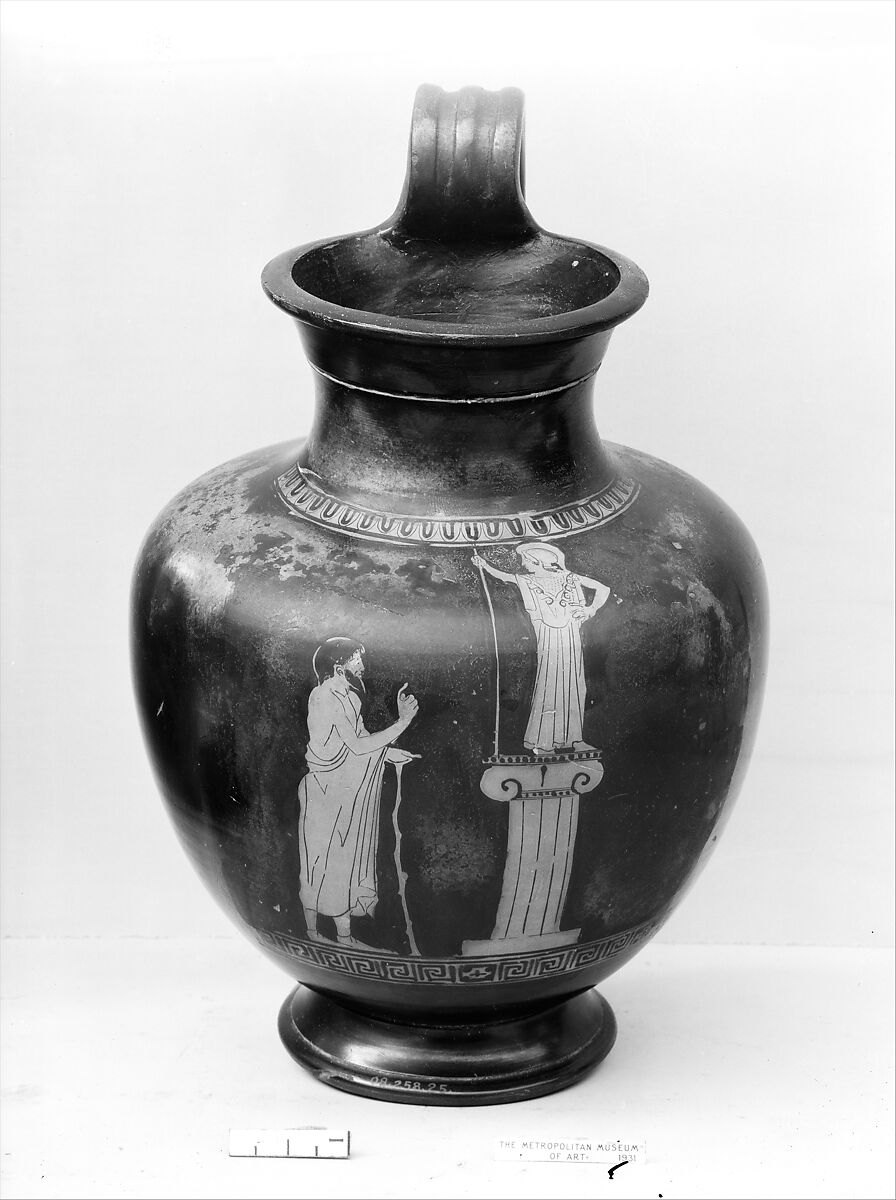 Terracotta oinochoe: olpe (jug), Attributed to the Group of Berlin 2415, Terracotta, Greek, Attic