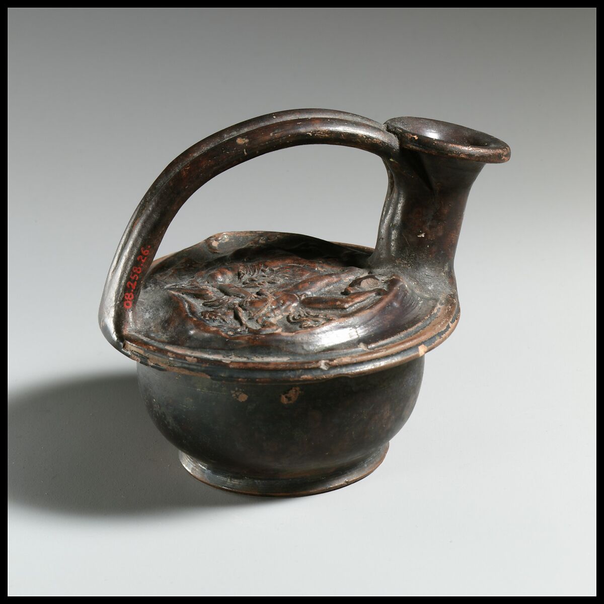 Terracotta askos (flask with a spout and handle over the top), Terracotta, Greek, South Italian, Campanian 