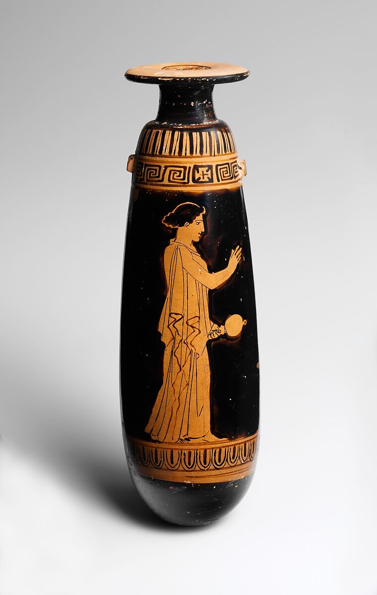Terracotta alabastron (perfume vase), Attributed to the Persephone Painter, Terracotta, Greek, Attic