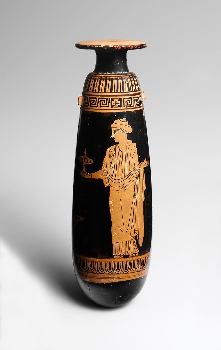 Terracotta alabastron (perfume vase), Attributed to the Persephone Painter, Terracotta, Greek, Attic 