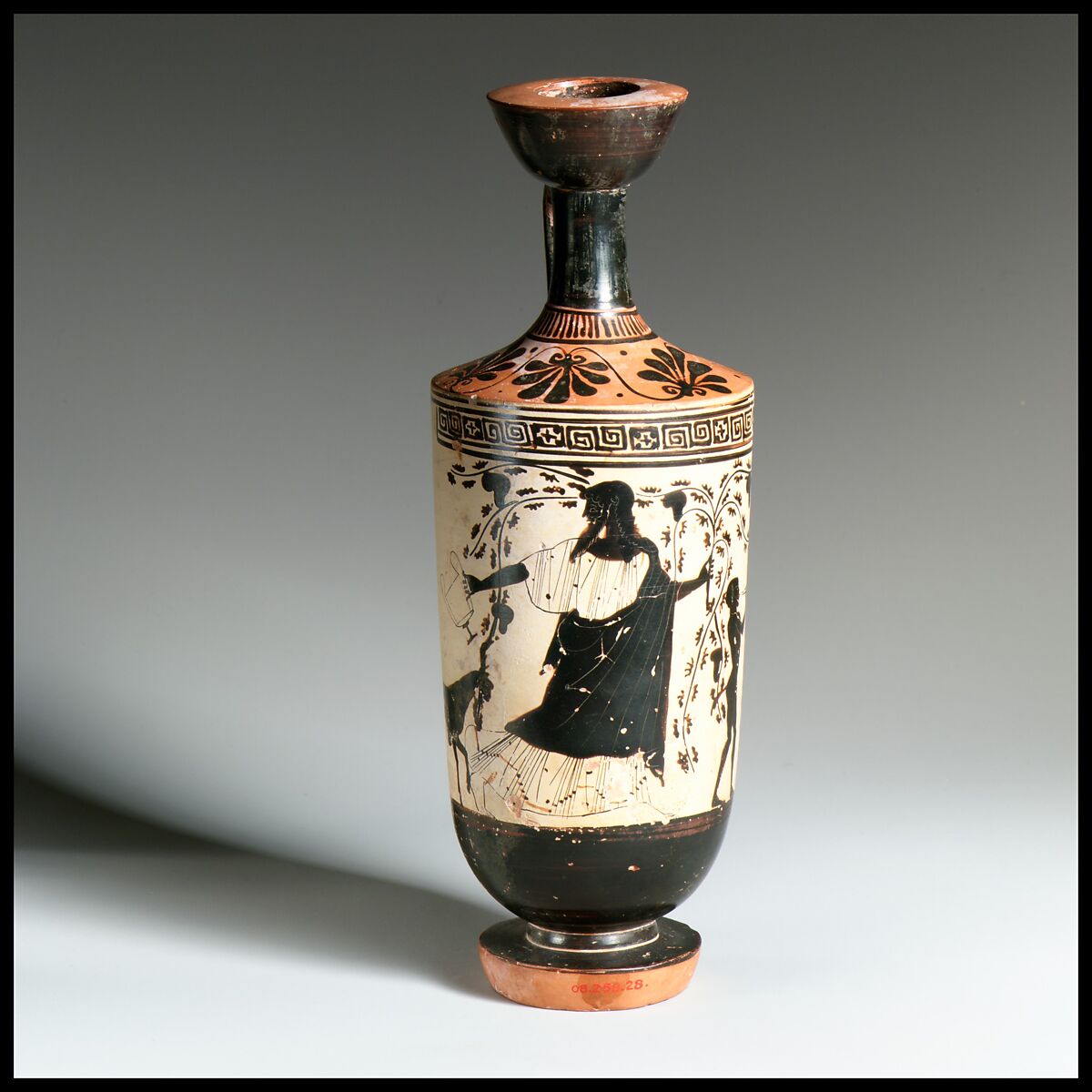 Terracotta lekythos (oil flask), Attributed to the Workshop of the Bowdoin Painter, Terracotta, Greek, Attic 