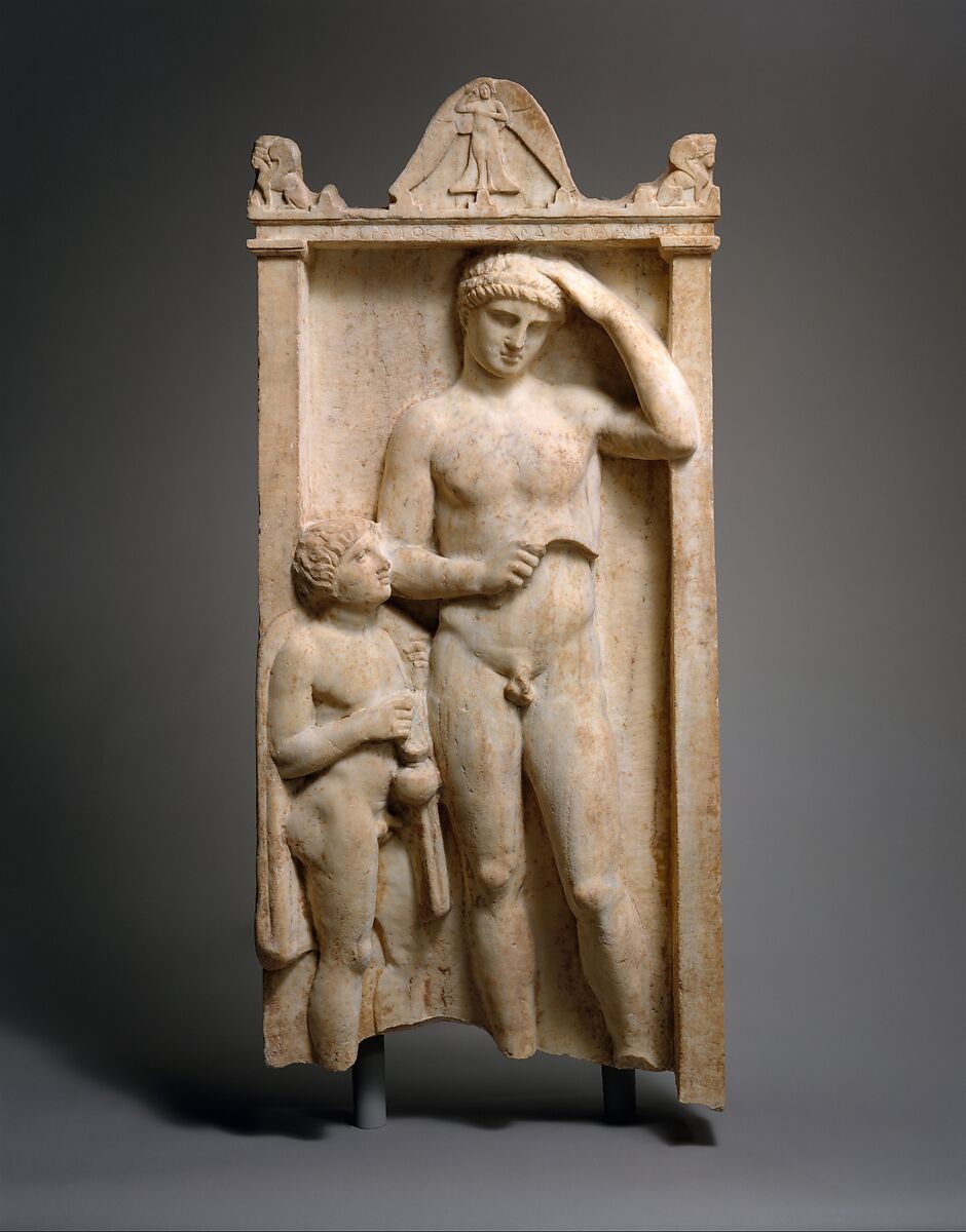 Marble stele (grave marker) of Sostratos, Marble, Pentelic, Greek, Attic 