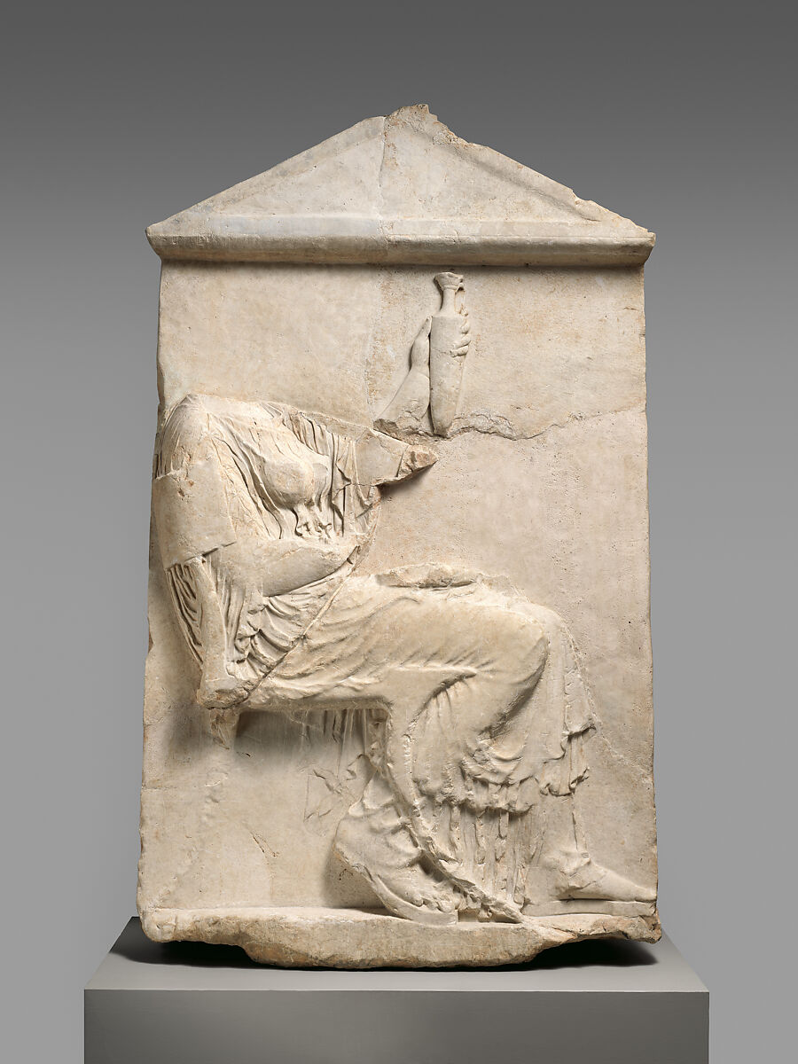Marble grave stele of a woman, Marble, Pentelic, Greek, Boeotian 