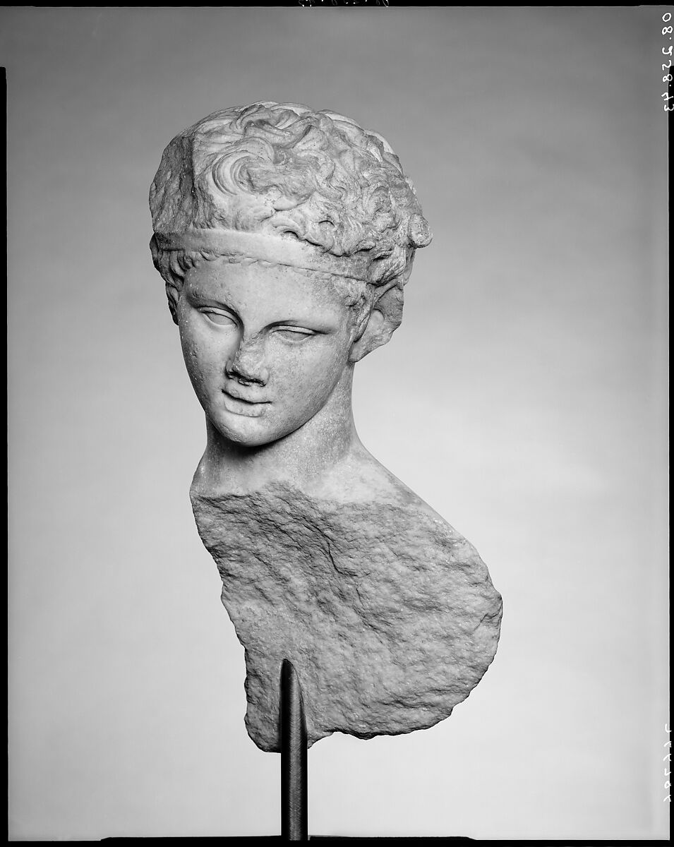 Head and part of the back of a marble statue, Copy of work attributed to Praxiteles, Marble, Parian, Roman 