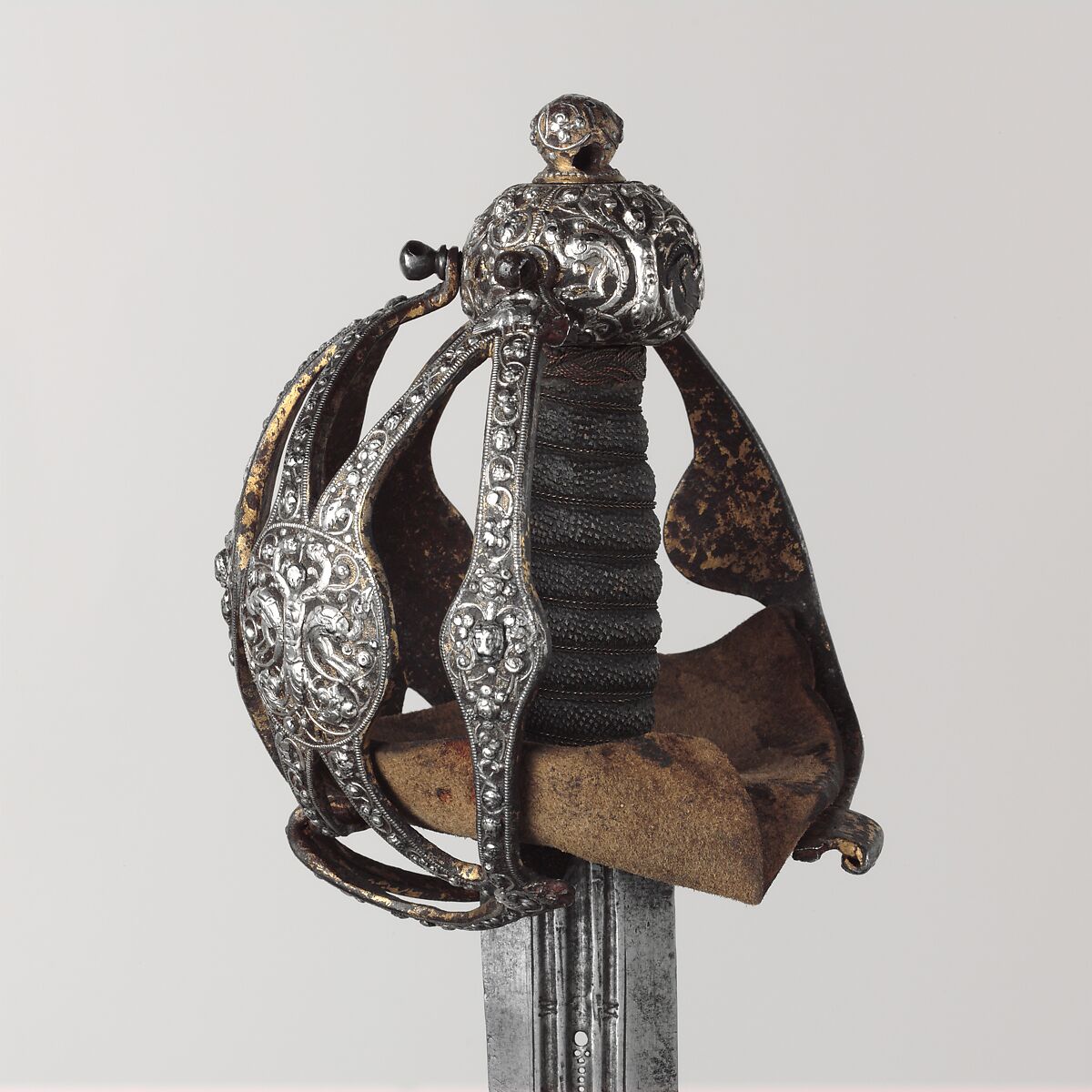 Basket-Hilted Sword, Steel, silver, gold, leather, British