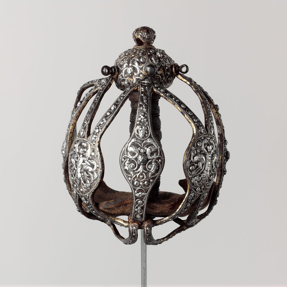 Basket-Hilted Sword, Steel, silver, gold, leather, British