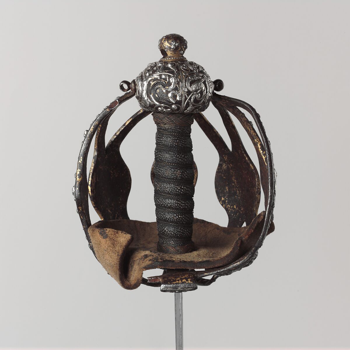 Basket-Hilted Sword, Steel, silver, gold, leather, British
