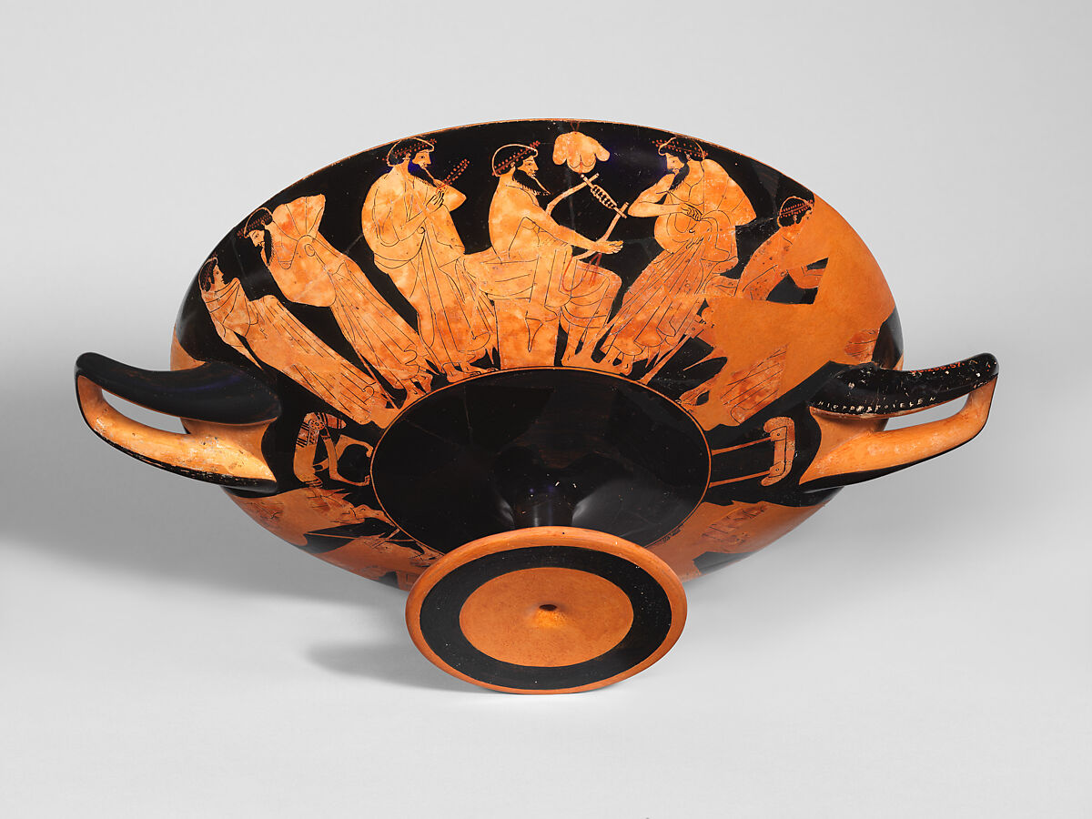 Terracotta kylix (drinking cup), Signed by Hieron as potter, Terracotta, Greek, Attic