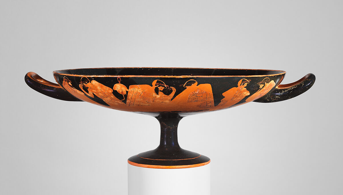 Terracotta kylix (drinking cup), Signed by Hieron as potter, Terracotta, Greek, Attic