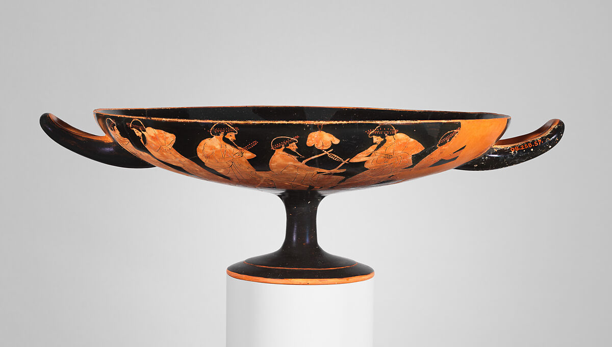 Terracotta kylix (drinking cup), Signed by Hieron as potter, Terracotta, Greek, Attic