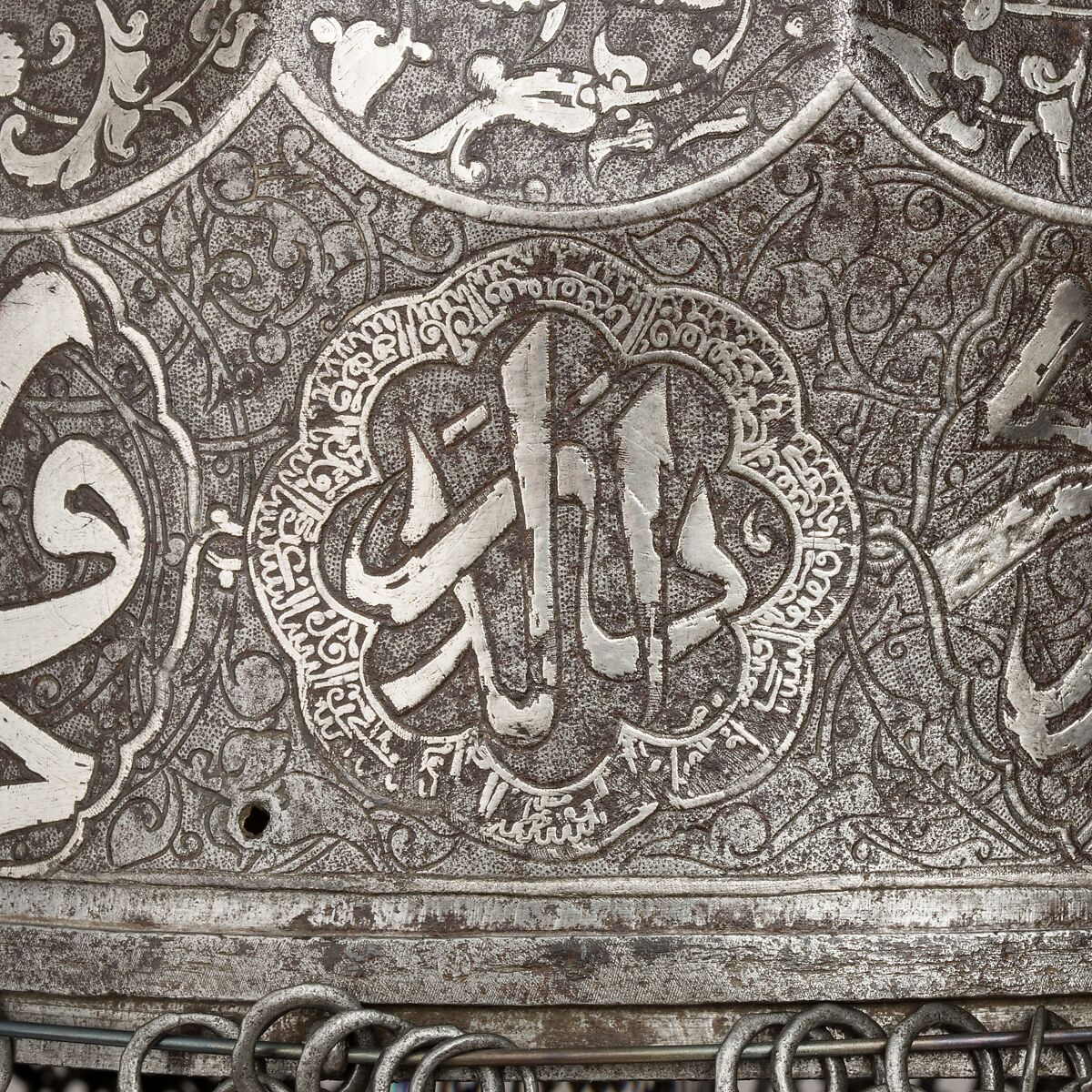 Helmet with Aventail, Steel, iron, silver, copper alloy, Turkish, in the style of Turkman armor