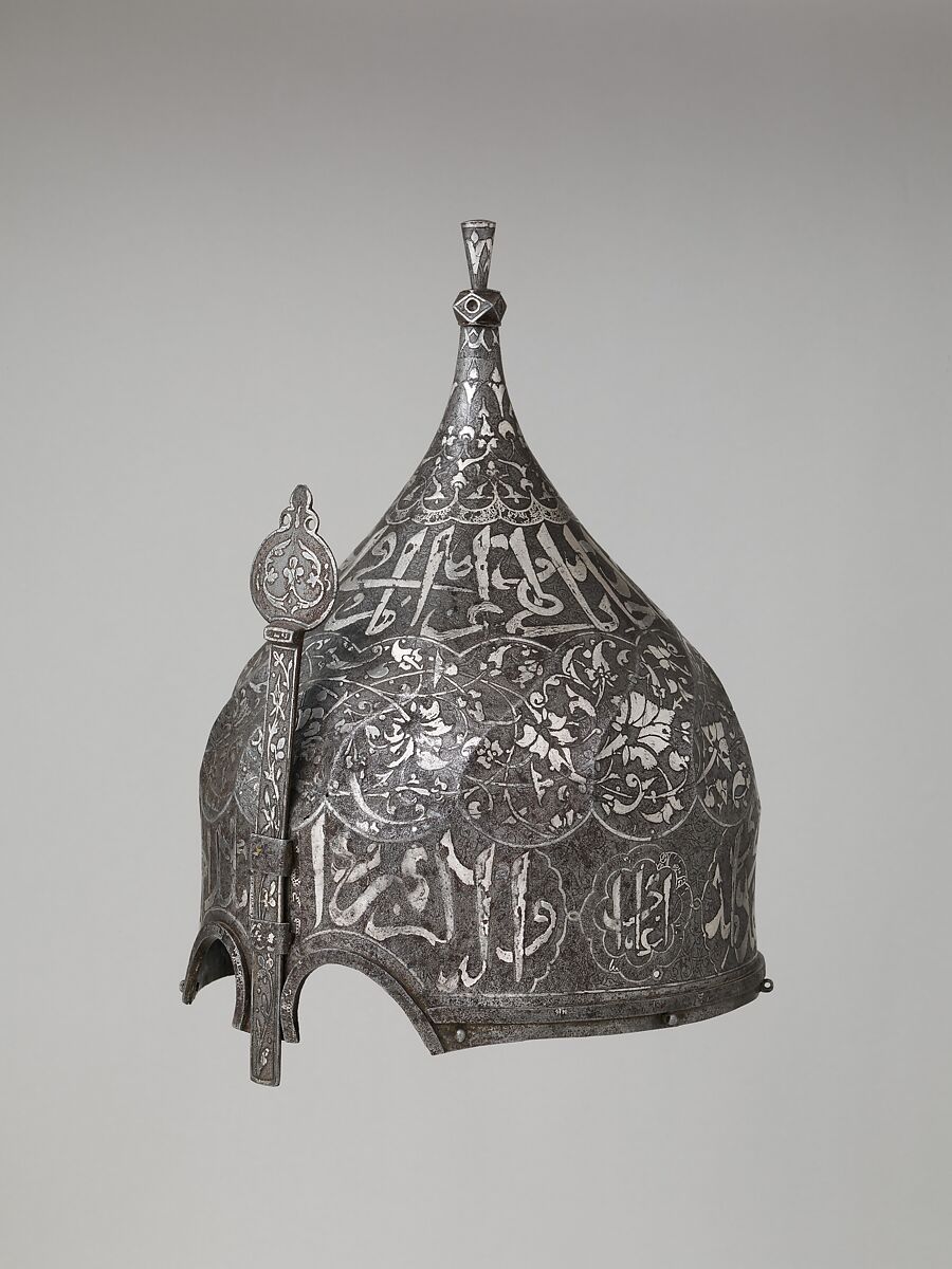 Helmet with Aventail, Steel, iron, silver, copper alloy, Turkish, in the style of Turkman armor