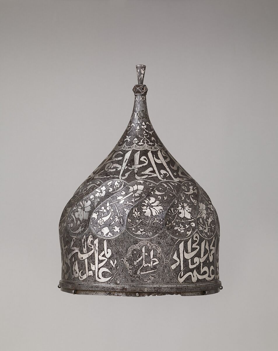 Helmet with Aventail, Steel, iron, silver, copper alloy, Turkish, in the style of Turkman armor