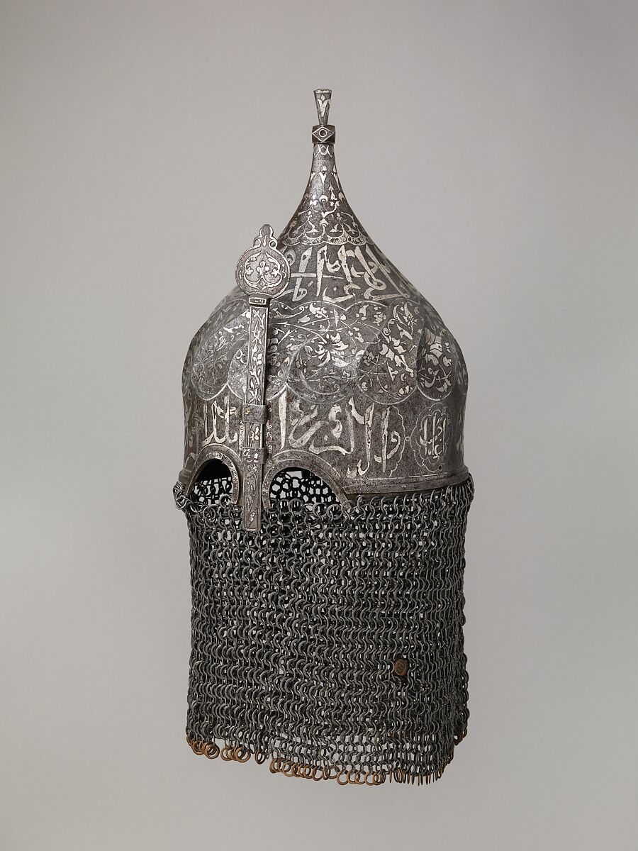 Helmet with Aventail, Steel, iron, silver, copper alloy, Turkish, in the style of Turkman armor 